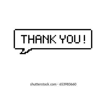 Thank you pixel art lettering typography in speech bubble on white background.
