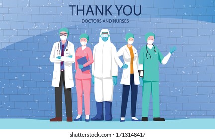 A Thank you post card design to the doctors and nurses for all the effort they do to deal with the coronavirus, covid-19 outbreak  