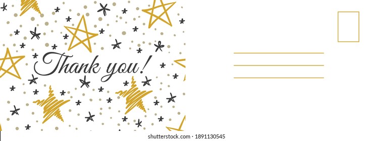 Thank you postcard. Abstract background with golden and gray hand drawn doodle stars, grateful letter template, holiday thanksgiving day modern design invitation and greeting cards vector illustration