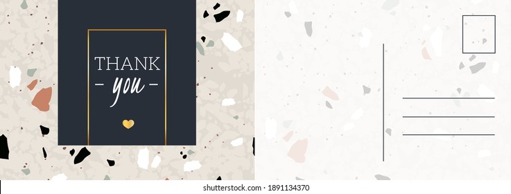 Thank you postcard. Abstract background with hand drawn marble texture in beige and gray colors, grateful letter template, holiday thanksgiving day modern design greeting cards vector illustration