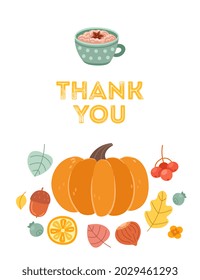 Thank you postcard. Autumn holidays, Thanksgiving day poster. Hot sweet drink and pumpkin vector concept
