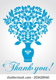 Thank you postcard, Bouquet of flowers in a vase . Blue and white color. Vector Version 