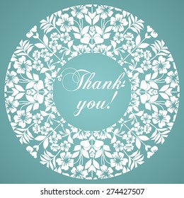 Thank you postcard. Floral designs in a circle. Black and white color. Vector Version