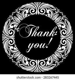 Thank you postcard. Floral designs in a circle. Black and white color. Vector Version