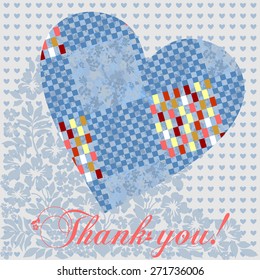 Thank you postcard with heart. Denim and white color. Vector Version 