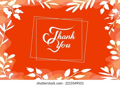 Thank you postcard, leaflet, sticker, or tag expressing appreciation and gratitude. Lettering in frame made of transparent wavy background and white silhouettes of leaves and twigs.