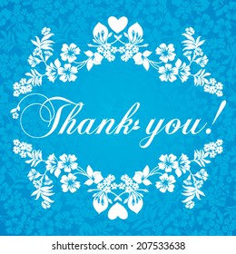 Thank you postcard, Ornament of flowers . Blue and white color. Vector Version