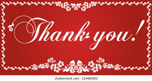 Thank you postcard, Ornament of flowers . Red and white color. Vector Version 