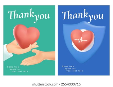 Thank you postcards or banners for medical workers. 3D Vector illustration for the epidemic of coronavirus covidum-19. Helping hands with heart, doctor, nurse, and shield for poster or cover