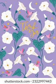 Thank you poster card in purple background featuring white datura flowers and humming bird. Moonflower card template. 