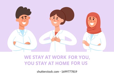 Vielen Dank für Ihr Poster mit Ärzten und Krankenschwestern, die in den Krankenhäusern arbeiten und den Koronavirus bekämpfen. Vektorillustration-Illustration des internationalen Lächelnden Arztteams - Europeans und Muslime mit Text Bleiben Sie zu Hause