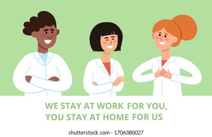 Thank you poster with doctors and nurses working in the hospitals and fighting the coronavirus. Vector illustration of international smiling doctor team - european, chinese man and african