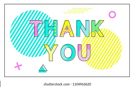 Thank you poster with geometric figures in linear style. Bright sign, abstract dots, colorful circles and triangles, plus signs vector illustration.