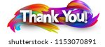 Thank you poster with spectrum brush strokes on white background. Colorful gradient brush design. Vector paper illustration. 
