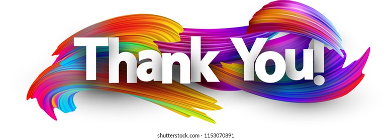 Thank you poster with spectrum brush strokes on white background. Colorful gradient brush design. Vector paper illustration. 