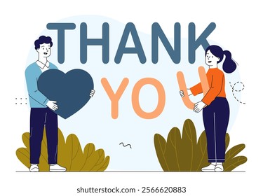 Thank you poster. Woman and man with heart in their hands near inscription. Love and romance. Greeting postcard for Valentines Day and wedding anniversary. Linear vector illustration