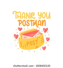 Thank you postman - colorful vector doodle with lettering for mail, postage and postcrossing. Letterbox, letter box, hearts, envelopes, letters. Vector template for card, postcard, banner, poster