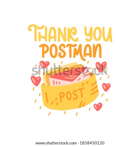 Thank you postman - colorful vector doodle with lettering for mail, postage and postcrossing. Letterbox, letter box, hearts, envelopes, letters. Vector template for card, postcard, banner, poster
