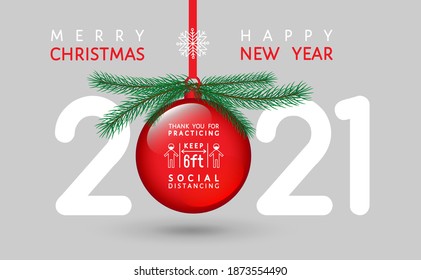 Thank you for practicing social distancing vector Christmas banner. People in medical mask keep 6 feet distance, coronavirus covid prevention signage, wall sticker, print for shop market, public place