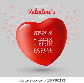 Gracias por practicar el distanciamiento social, afiche vectorial del día de San Valentín. Las personas enmascaradas se mantienen a 6 pies de distancia, coronavirus codifican señales de prevención, pegatinas de pared, impresión para el mercado de tiendas, lugar público