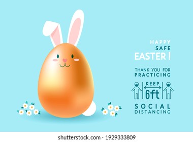 Thank you for practicing social distancing vector greeting Easter poster. People in medical mask keep 6 feet distance, coronavirus  prevention signage, wall sticker, infographic for shop, public place