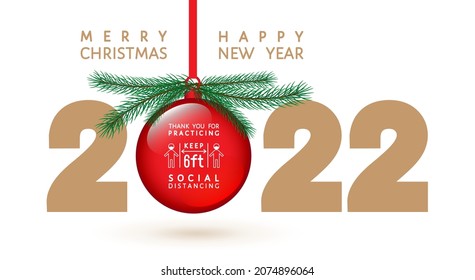 Thank you for practicing social distancing vector 2022 new year poster. People in medical mask keep 6 feet distance, coronavirus  prevention signage, wall sticker for Christmas market, public place