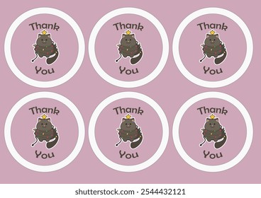 Thank You Printable Circle Stickers With Cat In Christmas Lights And Star Funny Costume Vector Design