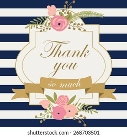 Thank you printable with cute floral wreaths and vintage frame in marine style.