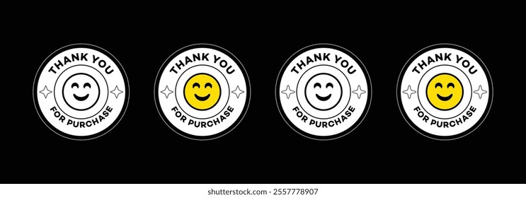 Thank you purchase badge sticker emoji. Thank you sticker round using as Coffee mug, Planet, book sticker. Happy face sticker Thank you circle. Thank you for your order  adhesive.