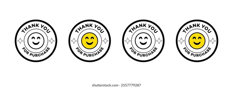 Thank you purchase badge sticker emoji. Thank you sticker round using as Coffee mug, Planet, book sticker. Happy face sticker Thank you circle. Thank you for your order  adhesive.