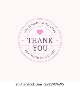 Thank you for purchase card handmade with love pink heart design template line vintage vector illustration. Thanksgiving business message appreciate customer order support romantic circle frame