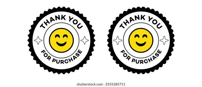 Thank you for purchase order. Geometric patterns sticker label design. Minimalist vectors label tag.smiley face emoji Modern icons.Thanksgiving vector sticker peel.Retro graphics.Thank you signs badge