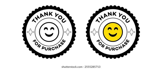 Thank you for purchase order. Geometric patterns sticker label design. Minimalist vectors label tag.smiley face emoji Modern icons.Thanksgiving vector sticker peel.Retro graphics.Thank you signs badge