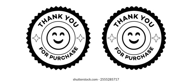 Thank you for purchase order. Geometric patterns sticker label design. Minimalist vectors label tag.smiley face emoji Modern icons.Thanksgiving vector sticker peel.Retro graphics.Thank you signs badge