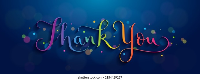 THANK YOU rainbow vector brush calligraphy banner with bokeh lights and stars on dark blue background