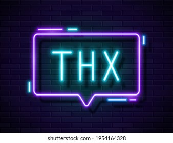 Thank You Realistic Neon Text Sign in speech bubble isolated on brick wall background, vector design template, retro neon night signboard