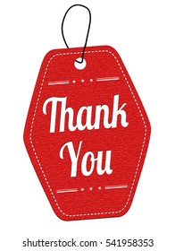 Thank you red leather label or price tag on white background, vector illustration