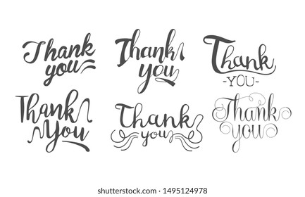 Thank You Retro Hand Drawn Monochrome Labels Set Vector Illustration