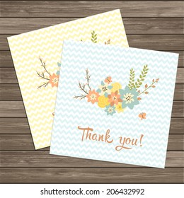 Thank you retro style card, save the date cards. Two color set. Cute chevron background and hand drawn bouquet. Card template on wood background