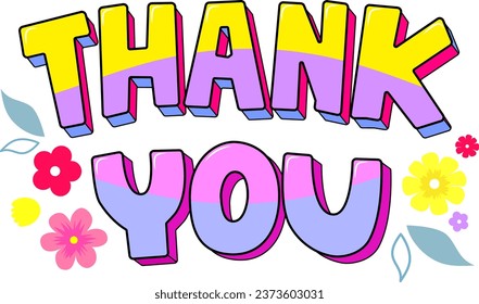 Thank You retro text with decorative flowers and leaves isolated on white background. Vector illustration.