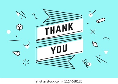 Thank You. Ribbon banner and drawing in line style with text thank you. Hand drawn design in memphis trendy style for thank you in Thanksgiving Day, greeting card, banner, poster. Vector Illustration