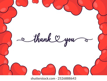 Thank You romantic card valentine. Red hearts on white background with Thanks handwritten text. Horizontal poster Thankful banner, flyer, Grateful Greetings, Appreciation Note. Vector illustration