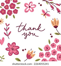 Thank you. Romantic greeting card with lettering and scandinavian flowers in light colours. Floral greeting cards, poster, social media post or banner template. 