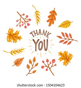 Thank you. Round frame with autumn leaves. Hand drawn illustration with hand lettering.