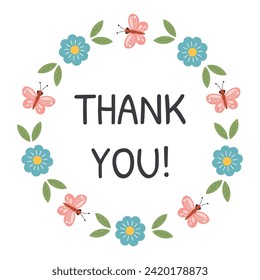 Thank you round stickers with flower, floral frame. Thank you label, appreciation tag card, stamp. Printable small business packaging round sticker with lettering, floral, botanical frame.