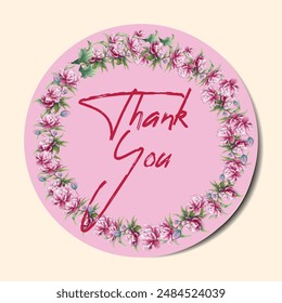 Thank you round stickers with flower, floral frame. Thank you label, appreciation tag card, stamp. Printable small business packaging round sticker with lettering, floral, botanical frame.
