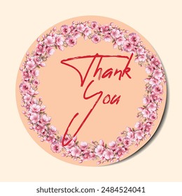 Thank you round stickers with flower, floral frame. Thank you label, appreciation tag card, stamp. Printable small business packaging round sticker with lettering, floral, botanical frame.