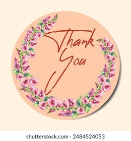 Thank you round stickers with flower, floral frame. Thank you label, appreciation tag card, stamp. Printable small business packaging round sticker with lettering, floral, botanical frame.