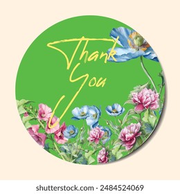 Thank you round stickers with flower, floral frame. Thank you label, appreciation tag card, stamp. Printable small business packaging round sticker with lettering, floral, botanical frame.