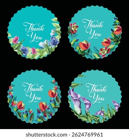 Thank you round stickers with flower, floral frame.